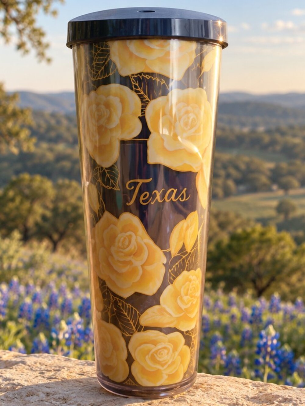 Starbucks Texas Yellow Rose Cold Cup 24oz Venti Blue Floral 2019 Local Series